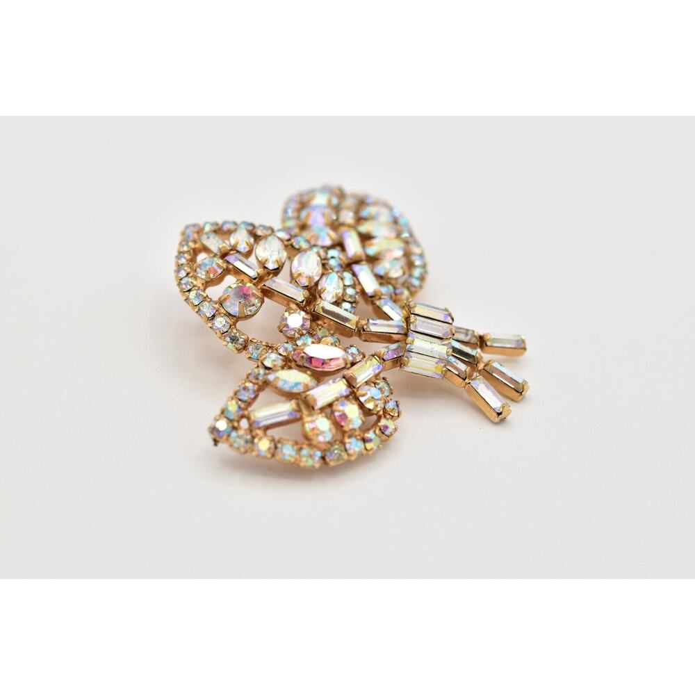 Vintage Crystal Leaf Pin Brooch Aurora Borealis Rhinestone Baguette Gold BinAL - Picture 9 of 12